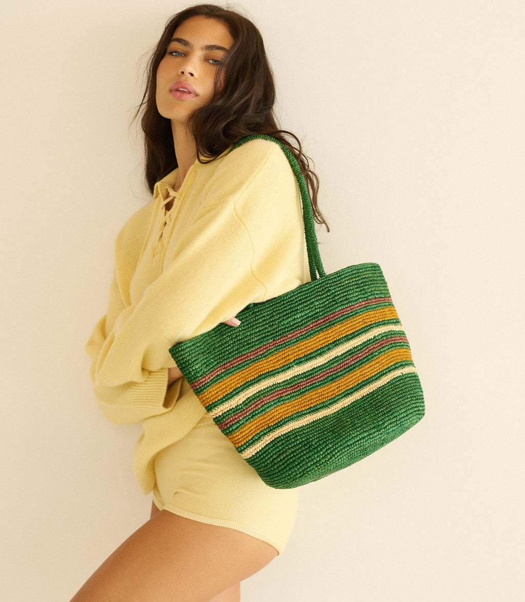 Harbour Tote -- Green Striped Raffia