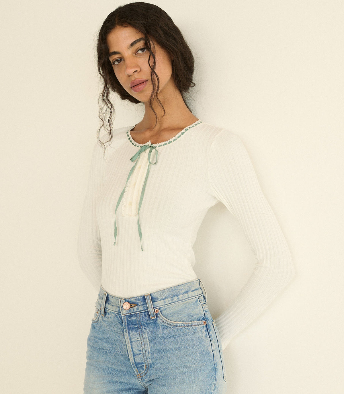 Lidie Tee -- Salt With Cloud Blue Ribbon
