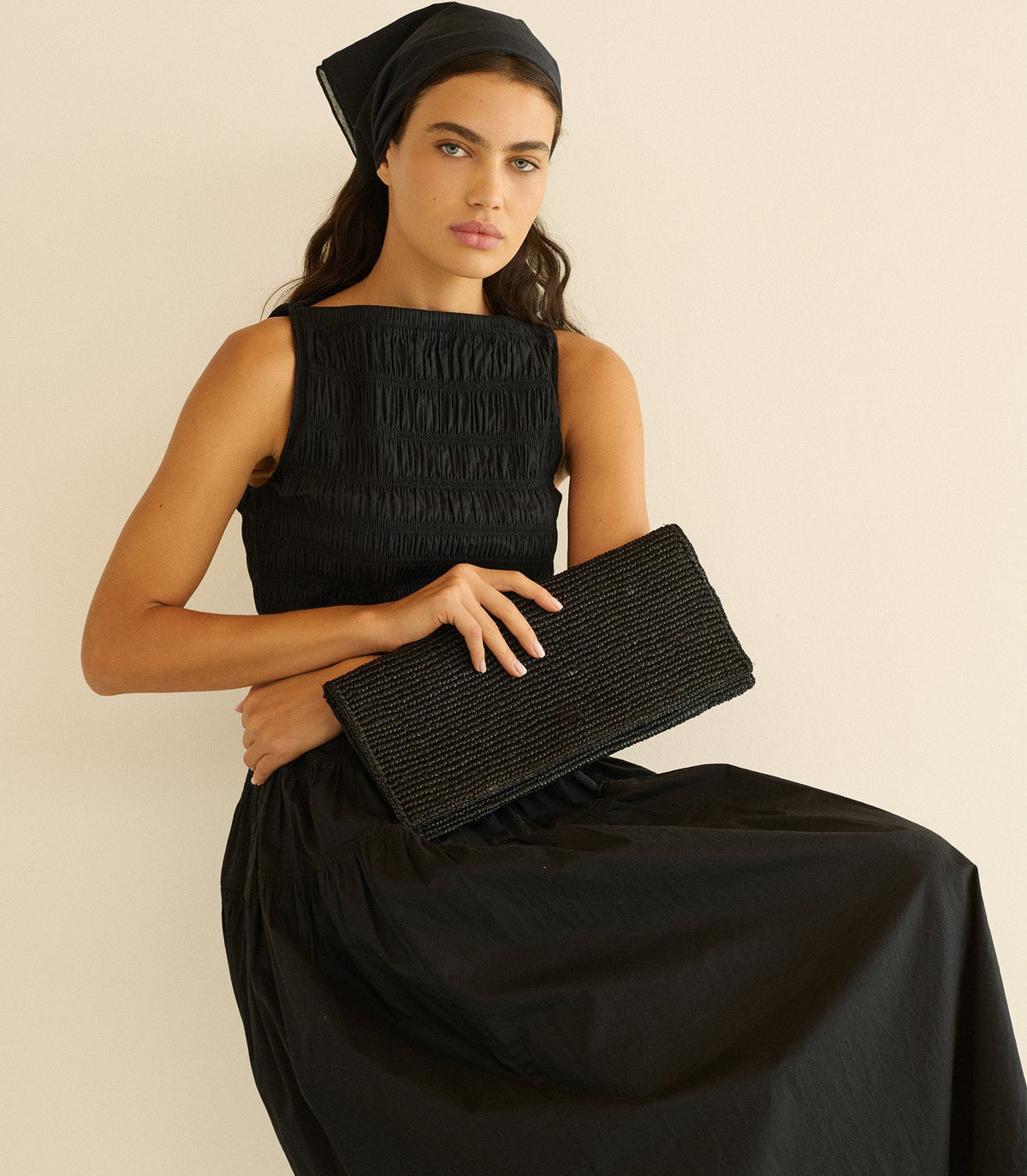 Muriel Clutch -- Black Raffia